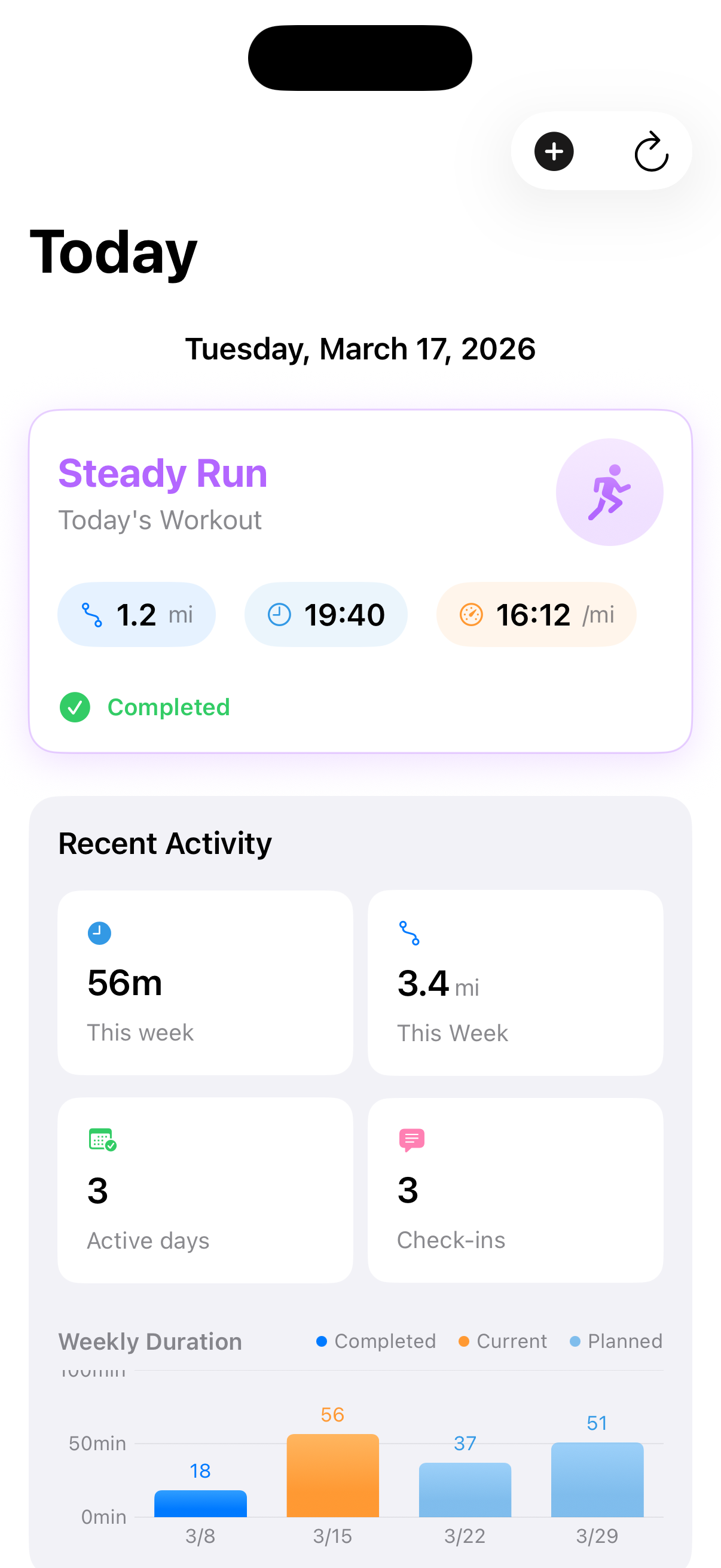 FinishStrong TodayView screenshot with a completed workout